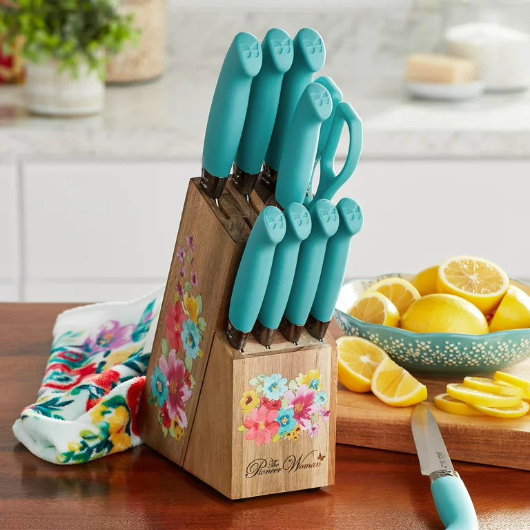 Woman Breezy Blossoms 11-Piece Stainless Steel Knife Block Set, Teal