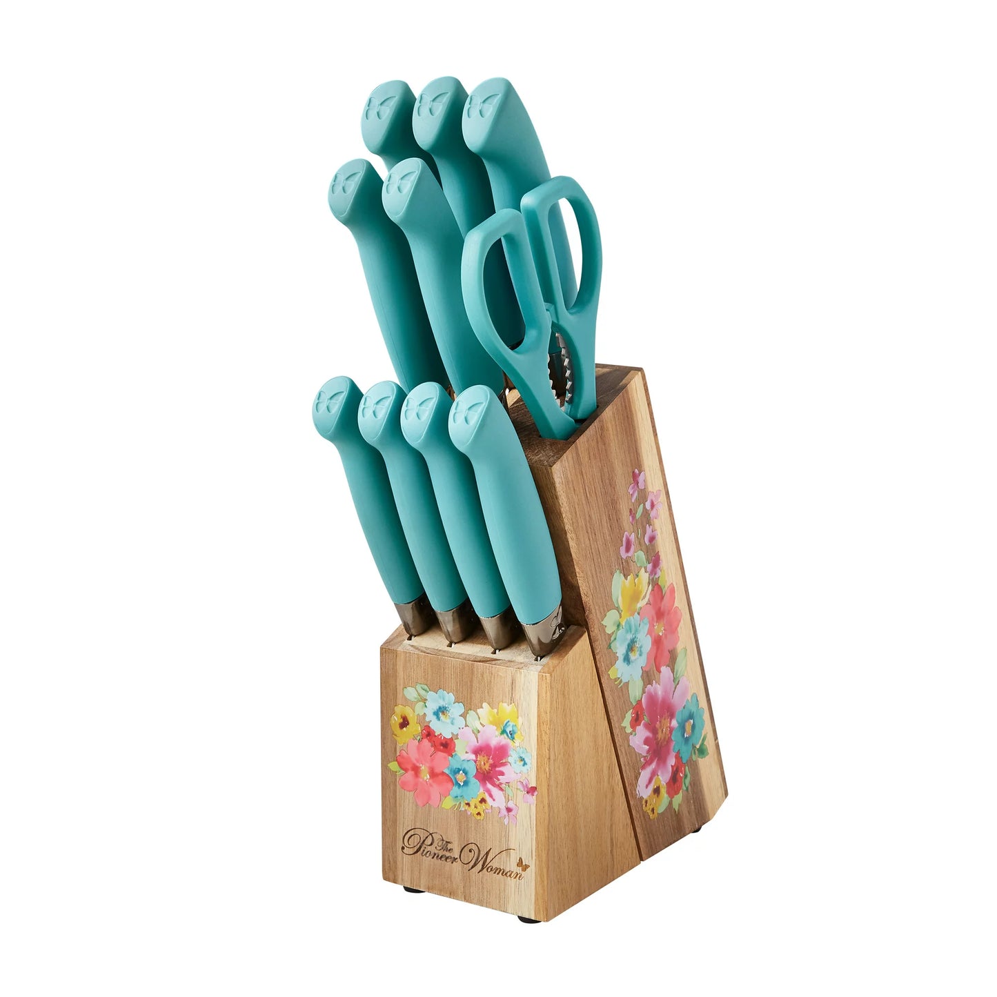 Woman Breezy Blossoms 11-Piece Stainless Steel Knife Block Set, Teal