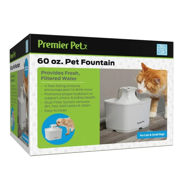 60 oz. Pet Fountain- Automatic water fountain for cats & small dogs, fresh, filtered water, promotes hydration, adjustable water flow, sleek, compact, easy to clean, filters included