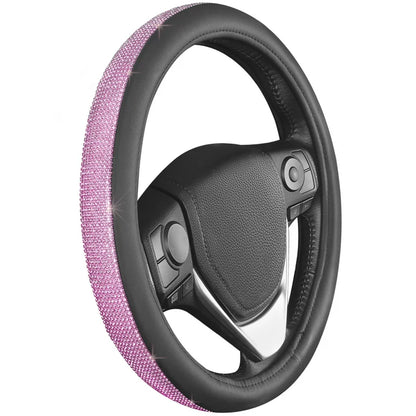 BDK Bling Bling Diamond Leather Steering Wheel Cover with 9 Rows Crystal Rhinestones, Universal Fit 14.5-15.5 Inch for Women / Girls (Pink)