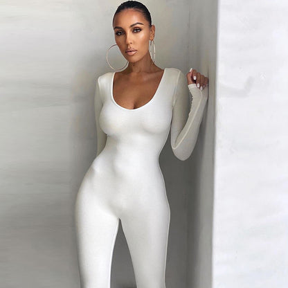 Long Sleeve High Waist Solid Color Sports Fitness Jumpsuit