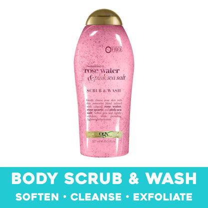 Sensitive + Pink Sea Salt & Rosewater Sulfate-Free Soothing Body Scrub with Healing Rose Quartz, Gentle Exfoliating Daily Body Wash, 19.5 Fl Oz