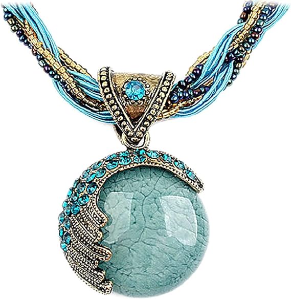 Women Lady Retro Vintage Bohemian Style Twist Woven Rope Chain Turquoise Rhinestone Pendant Collar Necklace Fashion Jewelry