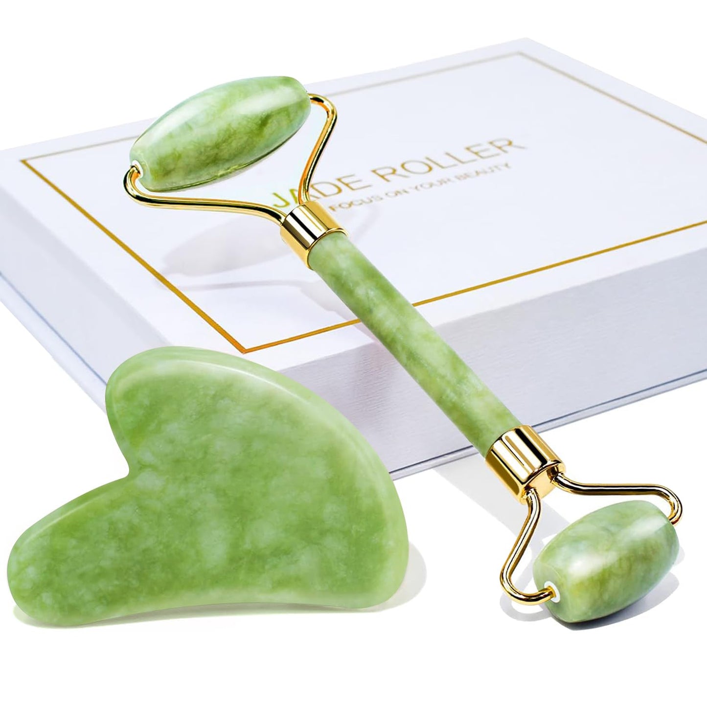 Jade Roller & Gua Sha Facial Tools Face Roller and Gua Sha Set for Skin Care Routine and Puffiness, Self Care Gift for Men Women - Green