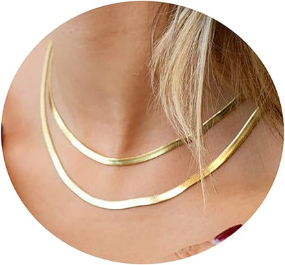 14K Gold Filled Herringbone Choker Necklace Set Double Layer Snake Chain Herringbone Chain Necklace Layering Necklace Set Cuban Chain Necklace for Women