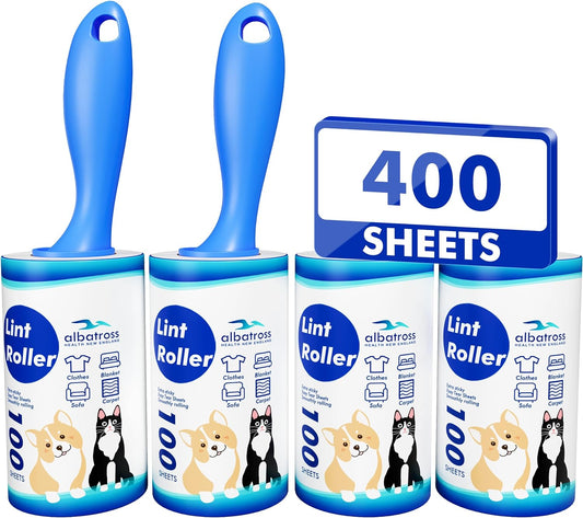 Lint Rollers for Pet Hair Extra Sticky, 400 Sheets (4 Rollers) Mega Value Set Lint Roller with 2 Upgraded Handles, Pet Hair Removal Tool for Clothes, Furniture, Carpet, Dog & Cat Hair Remover