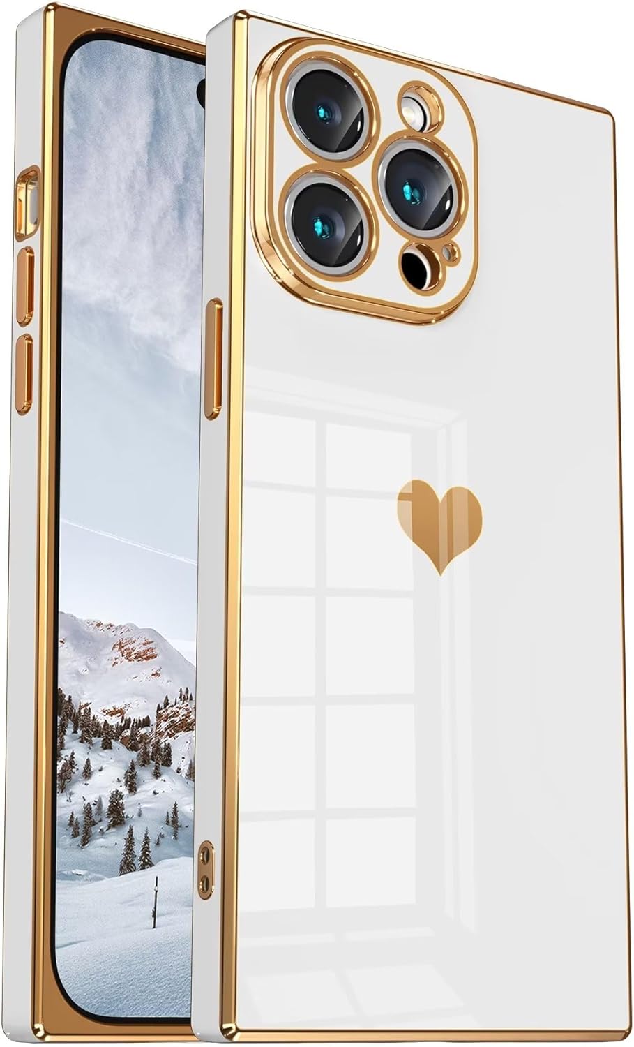 Square iPhone 15 Pro Max Case【Full Camera Protection】 Cute Heart Pattern & Electroplate Reinforced Corners Shockproof Edge Bumper Case 2023 [6.7 inches],White