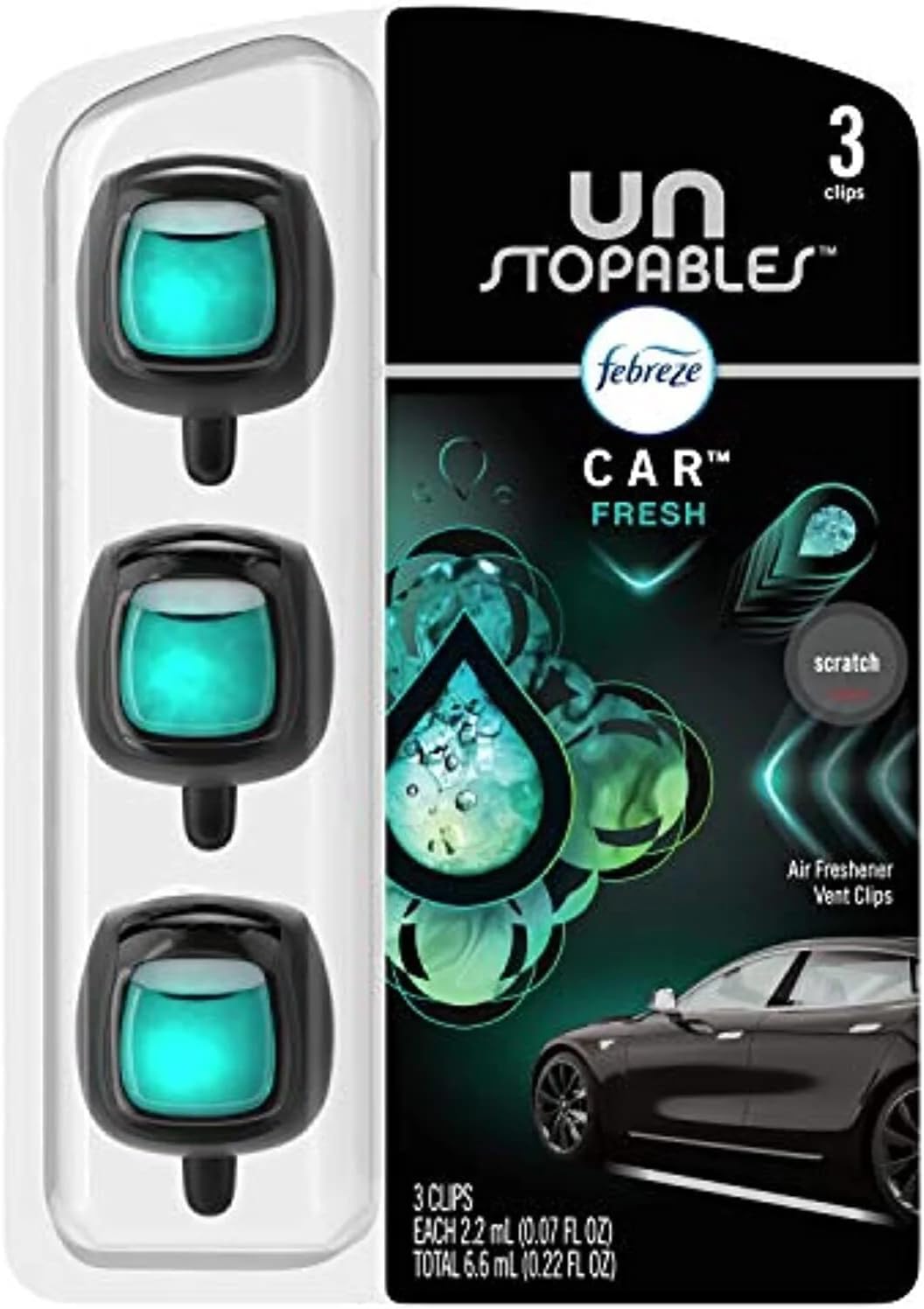 Unstopables Car Odor-Fighting Car Freshener Vent Clip Fresh, .07 fl oz. Car Vent Clip, Pack of 3