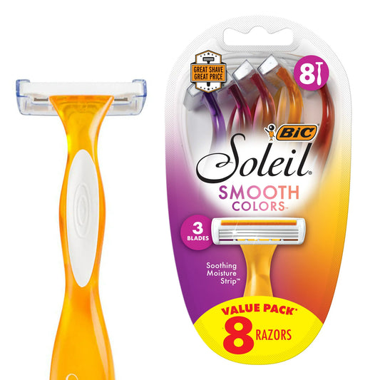 Soleil Smooth Colors Disposable Razors for Women Sensitive Skin, 3 Blades and 8 Razors