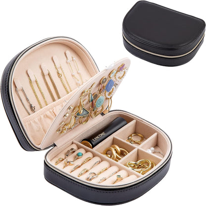 Travel Size Jewelry Box, Small Portable Seashell-Shaped Jewelry Case, 2 Layer Mini Jewelry Organizer in PU Leather, Earring Necklace Bracelet Ring Holder Box for Women Girl -Black