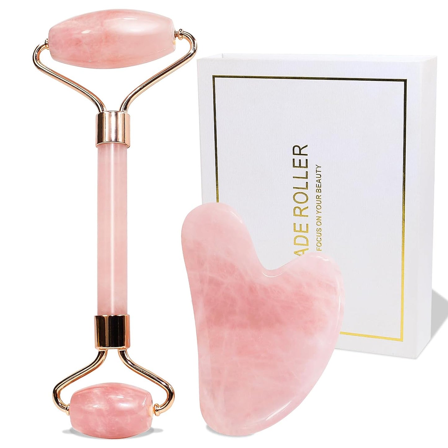 Face Massager Rose Quartz Face Roller & Gua Sha Facial Tool Set, Lymphatic Drainage Massage Tool for Muscle Tension Relief FreshRoll