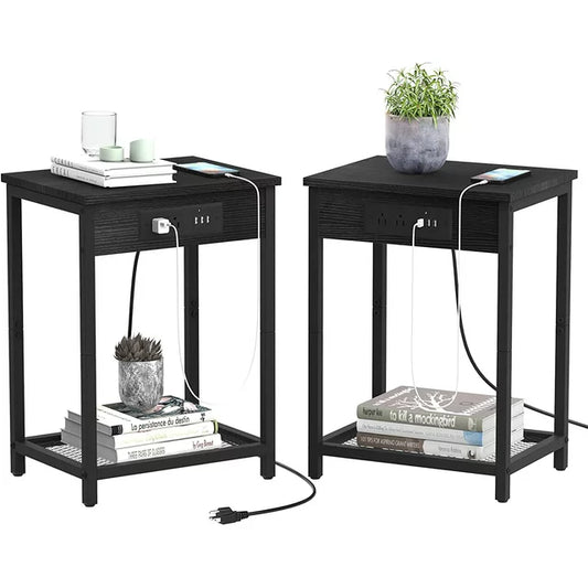 Nightstand End Table with Charging Station Black, Set of 2