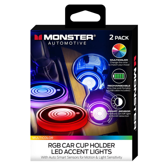 2 Pack Multi-Color LED Cup Holder Light, Universal Car Compatibility, Smart Sensor