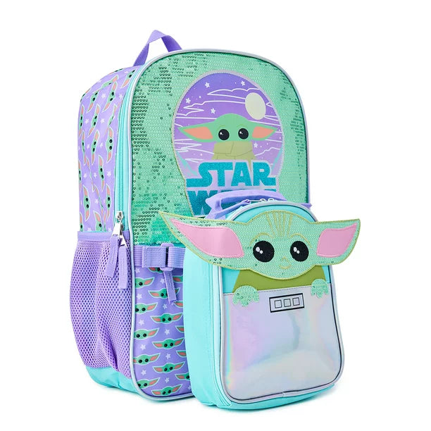 Mandalorian Baby Yoda Girls 17" Laptop Backpack 2-Piece Set with Lunch Tote Bag, Purple Green