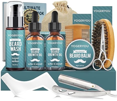 Beard Kit,Beard Grooming Kit W/Straight Razor,2 PACK Beard Oil,Beard Wash,Balm,Brush,Comb,Scissors Mens Birthday Christmas Gifts for Men Boyfriend Husband Beard Shaping Shaving Kit