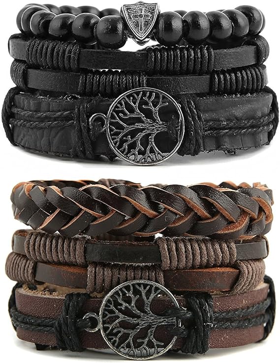 Genuine Leather Tree of life Bracelets Men Women, Tiger Eye Natural Stone Lava Rock Beads Ethnic Tribal Elastic Bracelets Wristbands