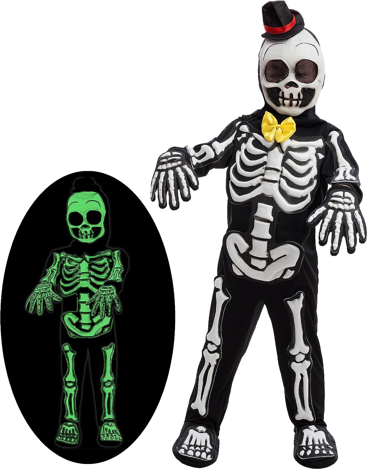 Glows in the Dark Skeleton Costume, Black Skelebones Jumpsuit, Bone Halloween Costume for Toddler, Kids, Boys-L(10-12yr)