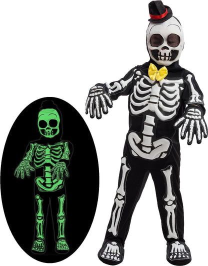 Glows in the Dark Skeleton Costume, Black Skelebones Jumpsuit, Bone Halloween Costume for Toddler, Kids, Boys-L(10-12yr)