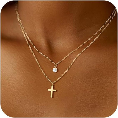 Cross Necklace for Women - Elegant Gold Rosary Lariat Y Necklace, Trendy Layering Long Gold Bead Necklace for Women and Girls