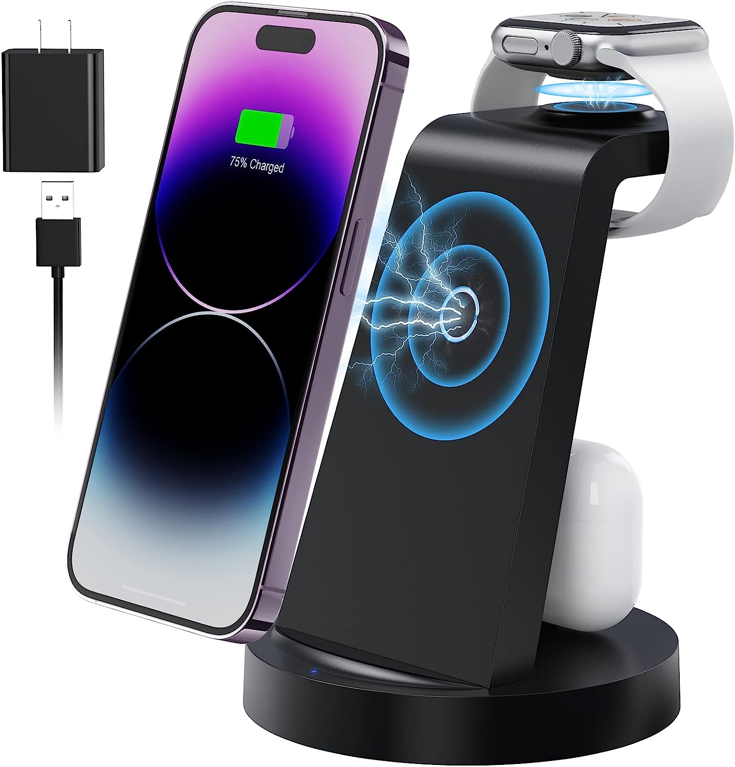 3 in 1 Charging Station for Apple Device , Wireless Charger for iPhone 15 14 13 12 11 X Pro Max Mini & Apple Watch iWatch Ultra 9 8 7 6 SE 5 4 3 - Fast Charging Stand Dock for AirPods