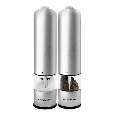 Pack of 2 Electric Stainless Steel Tall Sea Salt and Pepper Grinder Set with Ceramic Blade, Battery Operated Adjustable Coarseness Salt & Pepper Mill Automatic One Handed Touch, Silver