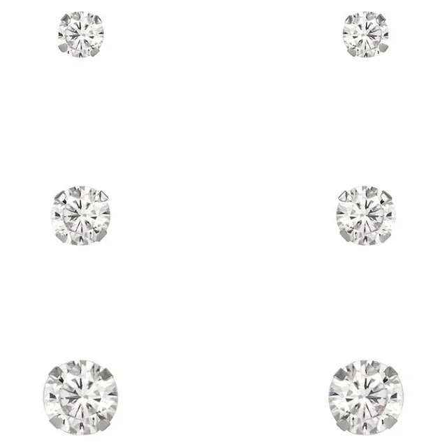 10kt White Gold Cubic Zirconia Stud Earrings Set, 3/4/5mm