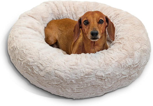 The Original Calming Donut Cat and Dog Bed in Lux Fur Oyster, Small 23x23