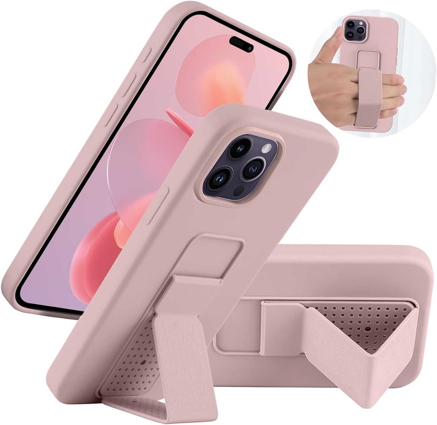 Silicone Kickstand Case Compatible with iPhone 15 pro max case Vertical and Horizontal Stand Hand Strap Metal Kickstand, Flexible Soft Liquid Silicone Stand Case for iPhone 15 pro max(Pink)