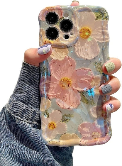 Case for iPhone 15 Pro Max, Colorful Retro Oil Painting Printed Flower Laser Glossy Pattern Cute Curly Wave Edge Exquisite Phone Cover Stylish Durable TPU Protective Case for Girls Women-Green