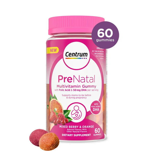 Prenatal Multivitamin Gummies for Women with Dha and Folic Acid, Mixed Berry and Orange Flavors - 60 Count, 30 Day Supply