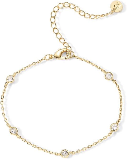 14K Gold Plated Beaded/Cuban/Cubic Zirconia Station Chain Adjustable Bracelet for Women