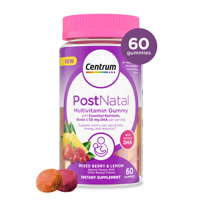 Postnatal Multivitamin Gummies for Women with Biotin and Dha, Mixed Berry and Lemon Flavors - 60 Count, 30 Day Supply