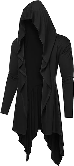 Long Hooded Cardigan Ruffle Shawl Collar Open Front Lightweight Drape Cape Overcoat with Pockets