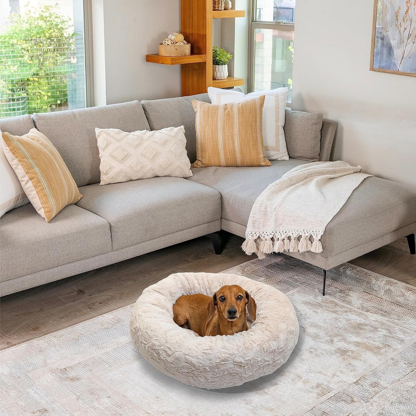 The Original Calming Donut Cat and Dog Bed in Lux Fur Oyster, Small 23x23