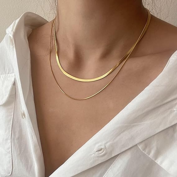 14K Gold/Silver Plated Snake Chain Necklace Herringbone Necklace Gold Choker Necklaces for Women Girl Gifts Jewelry 1.5/3/5MM(W) 14"/16"(L)