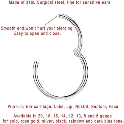 316l Surgical Steel Hinged Nose Rings Hoop 20G 18G 16G 14G 12G 10G 8G 6G, Diameter 5mm to 22mm, Gold - Rose Gold - Silver - Black - Blue - Rainbow