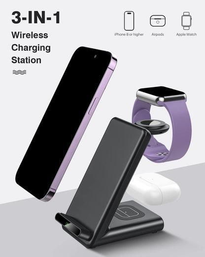 Wireless Charging Station,3 in 1 Wireless Charging Stand Made for Apple Watch Ultra 9 8 7 6 SE 5 4 3,Fast Wireless Charger Made for iPhone 15/Plus/Pro Max/14/13/12/11/X,for AirPods Pro(with Adapter)