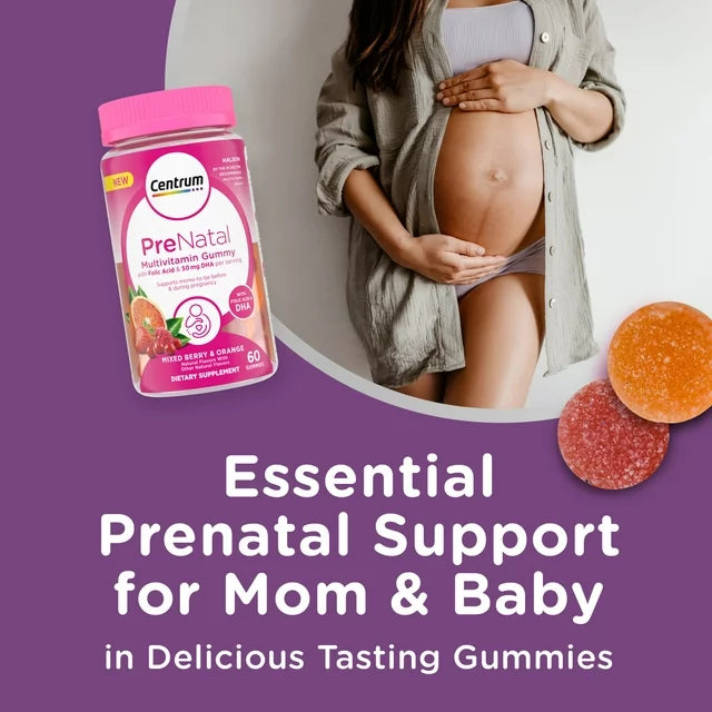 Prenatal Multivitamin Gummies for Women with Dha and Folic Acid, Mixed Berry and Orange Flavors - 60 Count, 30 Day Supply