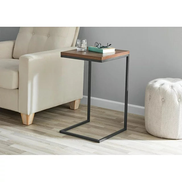 C-Shape Metal End Table, Canyon Walnut Finish