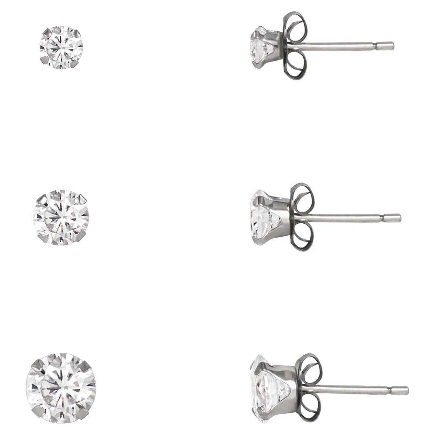 10kt White Gold Cubic Zirconia Stud Earrings Set, 3/4/5mm