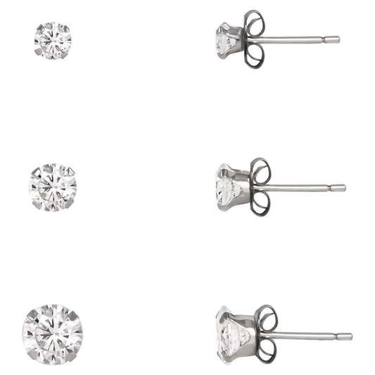 10kt White Gold Cubic Zirconia Stud Earrings Set, 3/4/5mm