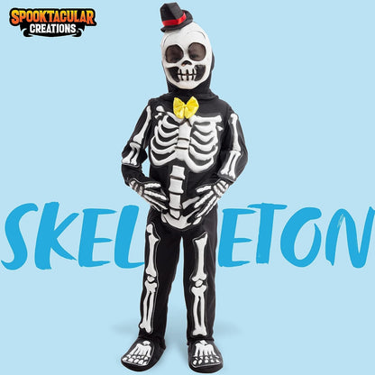 Glows in the Dark Skeleton Costume, Black Skelebones Jumpsuit, Bone Halloween Costume for Toddler, Kids, Boys-L(10-12yr)