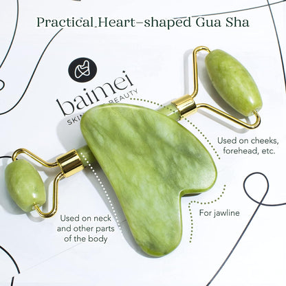 Jade Roller & Gua Sha Facial Tools Face Roller and Gua Sha Set for Skin Care Routine and Puffiness, Self Care Gift for Men Women - Green