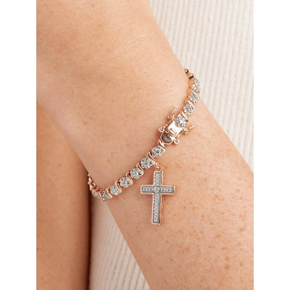 Diamond Accent Cross Charm 14k Rose Gold Plated 7.25” Tennis Bracelet, Adult Female