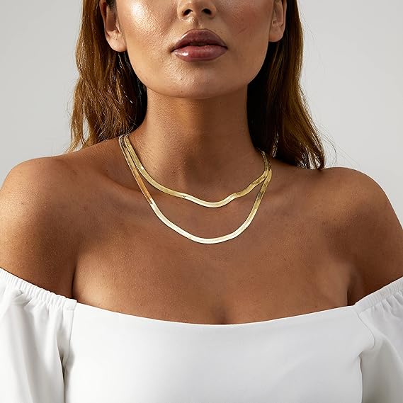 14K Gold Filled Herringbone Choker Necklace Set Double Layer Snake Chain Herringbone Chain Necklace Layering Necklace Set Cuban Chain Necklace for Women