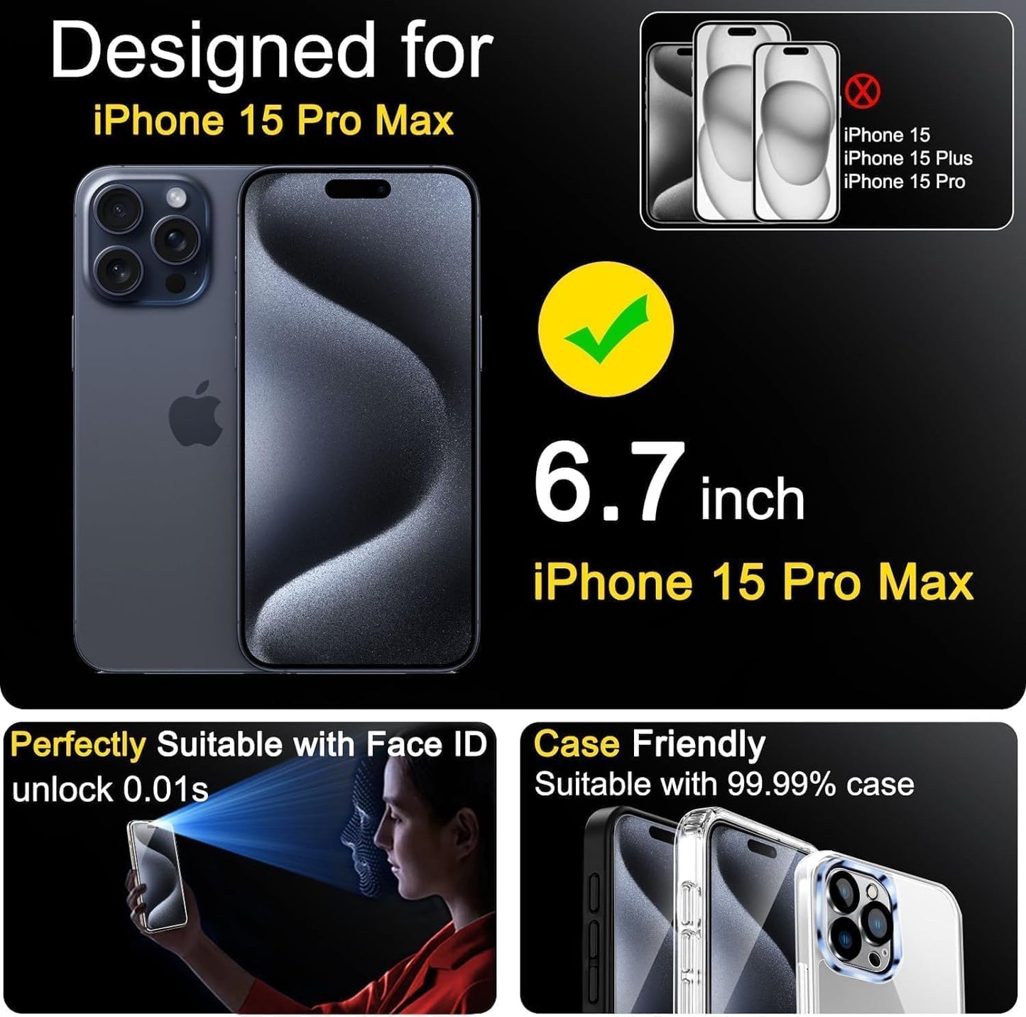 4 Pack Screen Protector for iPhone 15 Pro Max with 4 Pack Tempered Glass Camera Lens Protector Phone Case Friendly Ultra Accessories Protector de Pantalla for Apple iPhone 15 Pro Max