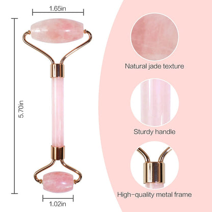 Face Massager Rose Quartz Face Roller & Gua Sha Facial Tool Set, Lymphatic Drainage Massage Tool for Muscle Tension Relief FreshRoll