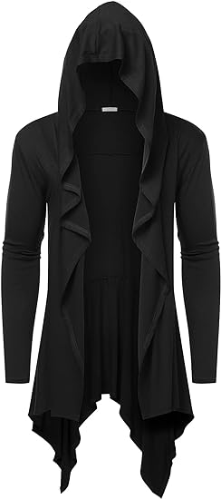 Long Hooded Cardigan Ruffle Shawl Collar Open Front Lightweight Drape Cape Overcoat with Pockets