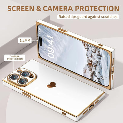 Square iPhone 15 Pro Max Case【Full Camera Protection】 Cute Heart Pattern & Electroplate Reinforced Corners Shockproof Edge Bumper Case 2023 [6.7 inches],White