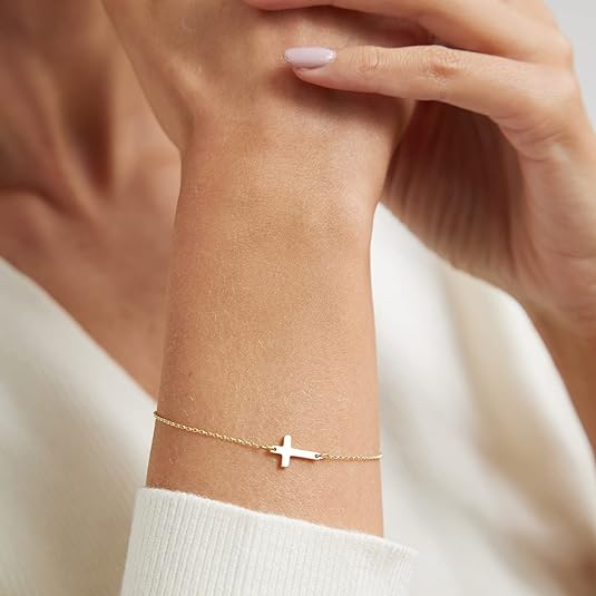 Dainty Gold Bracelets for Women Cute Tiny Sideways Cross Bracelets Layered Pearls Herringbone Chain Toggle Clasp Bracelet Minimalist Handmade Jewelry Gift